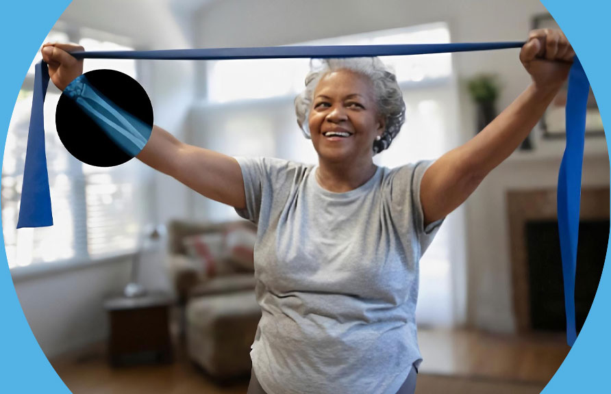 Image of African American woman at gym stretching with x-ray of arm